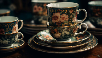 Sticker - Antique coffee cup and saucer on table generated by AI