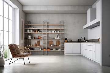 Canvas Print - cozy kitchen with wooden shelves and a vintage chair. Generative AI