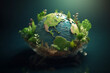 Planet Earth day concept. Minimalistic planet Earth globe surrounded with greenery. Save and care nature and planet Earth idea. Generative AI