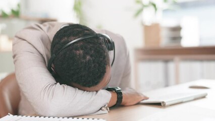 Canvas Print - Tired black man, call center and sleeping on desk in burnout, insomnia or stress at office. Exhausted African American male consultant or agent asleep at help desk in customer service at workplace