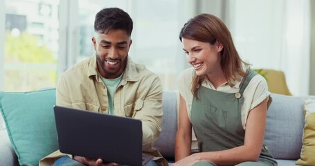 Poster - Happy, sofa and laughing couple on laptop for funny movies, watching comedy and relax together at home. Dating, love and interracial man and woman on computer internet, social media and entertainment