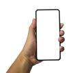 © Chalermphol - Man hand holding black smartphone with blank screen isolated on white background, clipping path.