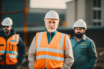 Builder, dressed in an orange vest and white construction helmet on a construction background. Concept of active age. Generative AI