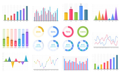 Set of bar graphs and line charts, circle progress indicators