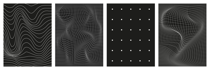 set of geometry wireframe grid backgrounds in white color on black background. 3d abstract posters, 