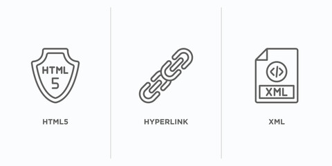 programming outline icons set. thin line icons such as html5, hyperlink, xml vector. linear icon sheet can be used web and mobile