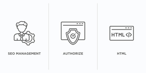 programming outline icons set. thin line icons such as seo management, authorize, html vector. linear icon sheet can be used web and mobile