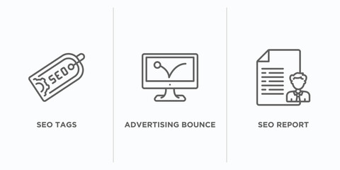 programming outline icons set. thin line icons such as seo tags, advertising bounce, seo report vect