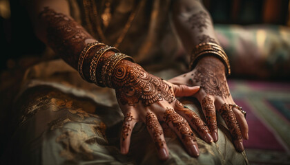 Sticker - Indian bride holding multi colored jewelry, surrounded by elegance generated by AI