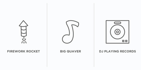 Sticker - party outline icons set. thin line icons such as firework rocket, big quaver, dj playing records vector. linear icon sheet can be used web and mobile