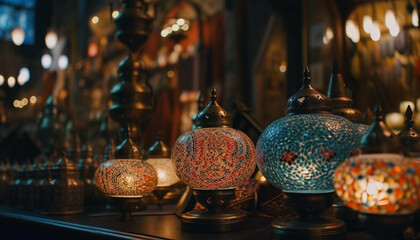 Wall Mural - An ornate Turkish lantern illuminates antique pottery vase generated by AI