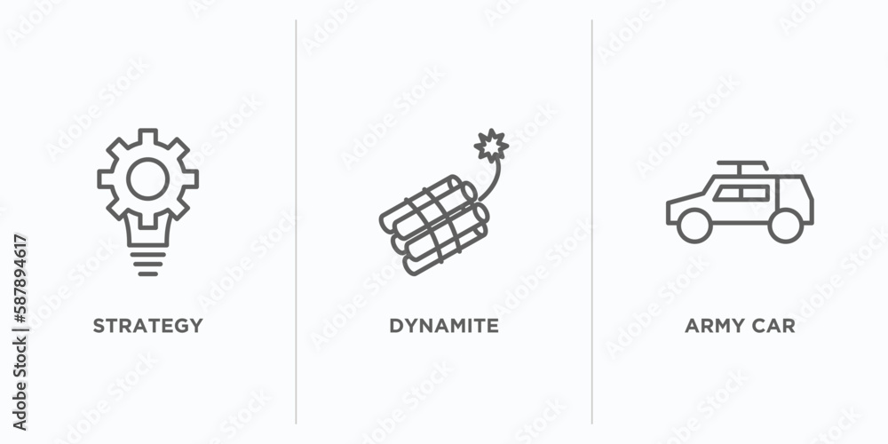 army and war outline icons set. thin line icons such as strategy ...