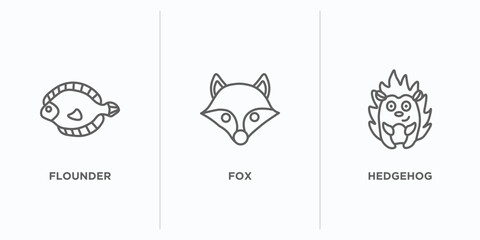 Wall Mural - animals outline icons set. thin line icons such as flounder, fox, hedgehog vector. linear icon sheet can be used web and mobile