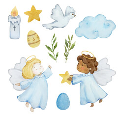 Watercolor easter set baby angels for spring design