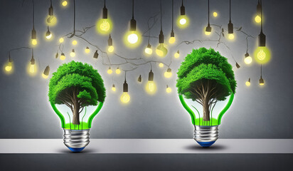 Two trees growing through two light bulbs on background with glowing light bulbs. Eco. Generative AI