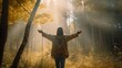 © AdriFerrer - Free woman breathing clean air in nature forest. Generative AI