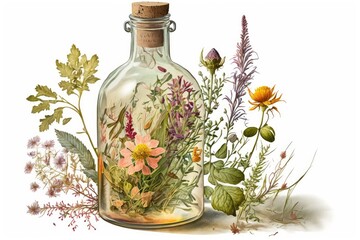 Sticker - Vintage floral: watercolor Iiiustration of Wildflowers in Whiskey Bottle Vases. 