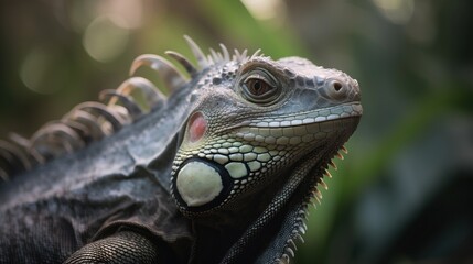 Sticker -  a close up of an iguana looking at the camera with a blurry background of leaves in the foreground and a blurry background.  generative ai