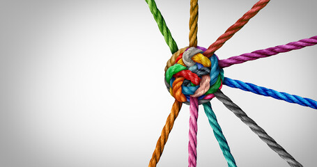 Leinwandbilder - Collective Effort Integration and Unity with teamwork concept as a business metaphor for joining a partnership synergy and cohesion as diverse ropes connected together in interdependence.