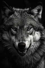 Wall Mural - wolf facing forward, he is snarling aggressively, black and white, Generative AI