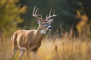 a majestic and elegant white - tailed deer grazing in a meadow, showing off its majestic and elegant