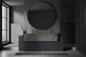 gray and wooden bathroom with double sink