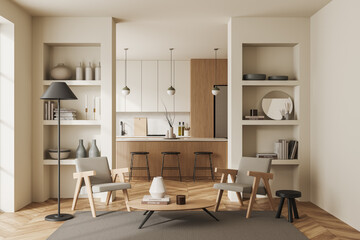 Poster - White kitchen and living room interior