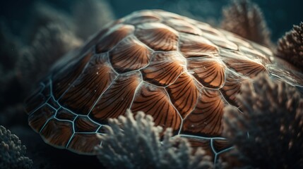  a close up of a sea turtle on a coral with other corals in the background and a blue sky in the foreground with a soft focus.  generative ai