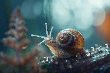  a snail is sitting on a log in the woods with drops of water on its back and it's shell looking like it's moving.  generative ai