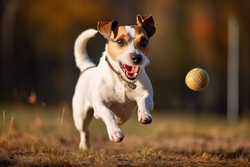 A playful and energetic Jack Russell Terrier chasing a ball, showing off its high energy and playful nature. Generative AI