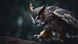  an owl is perched on a branch in the rain with its wings spread out and eyes wide open, with a blurred background of trees in the background.  generative ai