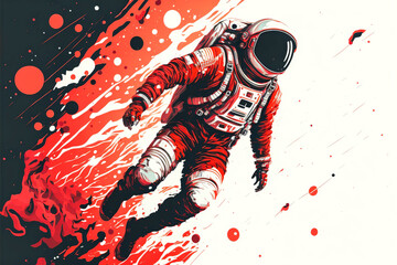 An astronaut floating in space with red and white colors is depicted in a bold graphic style to portray a sense of excitement and adventure. Generative AI