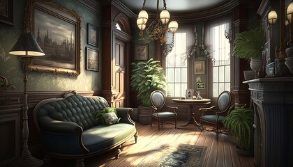 Wall Mural - Traditional victorian interior style living room with leather couch, armchair, and fireplace. Generative AI