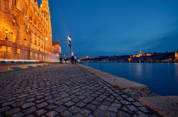 Sticker - The Hungarian Parliament Building on the bank of the Danube in Budapest at night time.