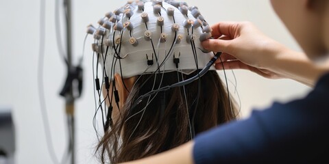 person holding an eeg sensor measuring brain activity, concept of Brainwave monitoring and technology, created with Generative AI technology