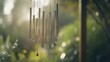  a wind chime hanging from a tree in a forest with the sun shining through the leaves of the trees behind it and a green plant behind it.  generative ai