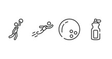 Skating Outline Icons Set. Thin Line Icons Sheet Included Team Player, Free Flying, Bowling Ball, Sport Bottle Vector.