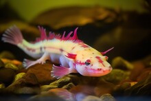 A Colorful And Exotic Axolotl Swimming In A Tank - This Axolotl Is Swimming In A Tank, Showing Off Its Unique And Exotic Appearance. Generative AI