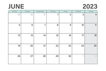 2023 June Illustration Vector Desk Calendar Or Planner Weeks Start On Monday In Light Green And Gray Theme