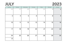 2023 July Illustration Vector Desk Calendar Or Planner Weeks Start On Monday In Light Green And Gray Theme