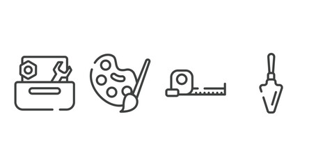 toolbox outline icons set. thin line icons sheet included wrench and nut, pallete, open scale, garden palette vector.