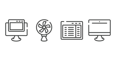 responsive web outline icons set. thin line icons sheet included pc with browser, cooling fan, program interface, pc equipment vector.