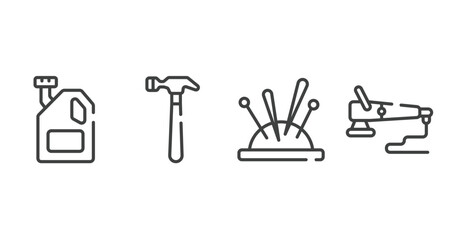 carpentry outline icons set. thin line icons sheet included engine oil, hammering, needle holder, polisher vector.