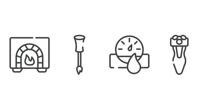 miscellaneous outline icons set. thin line icons sheet included burner, nail brush, hydrometer, electric shaver vector.