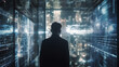© bahadirbermekphoto - A businessman living in a futuristic city. it watches the data on dozens of screens surrounding it Generated AI