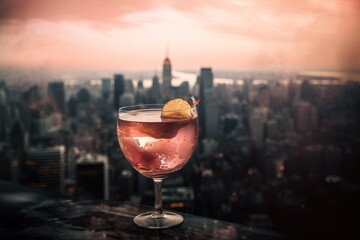  a glass of wine with a lemon wedge in it on a table in front of a view of a large city with skyscrapers and a cloudy sky line.  generative ai