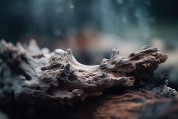  a close up of a piece of wood with water droplets on it and a blurry image of a tree trunk in the back ground.  generative ai