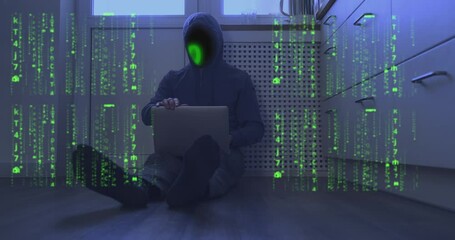 Binary code instead of face of a hooded programmer sitting on floor with laptop. Abstraction, video effects of matrix code. Concept of cyber security, end of system hacking, internet online, firewall.