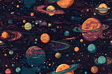Wall Mural - seamless background pattern with cosmos, stars, planets. generative ai illustration