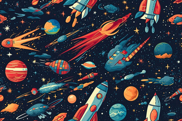 Wall Mural - seamless pattern with space, rockets, stars. generative ai illustration